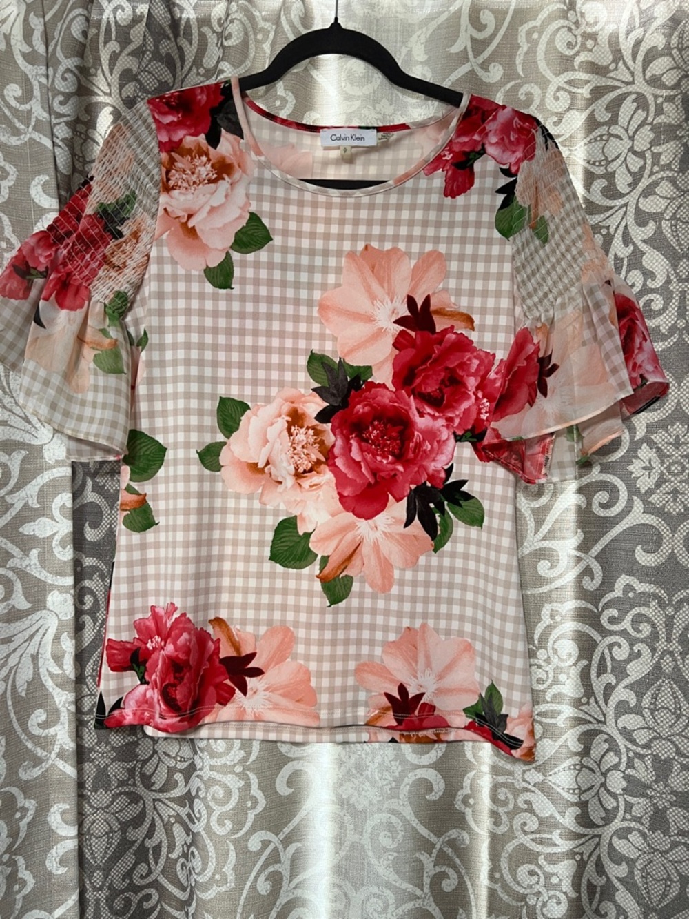 Calvin Klein Beige Gingham Top with Pink & Red Floral Print